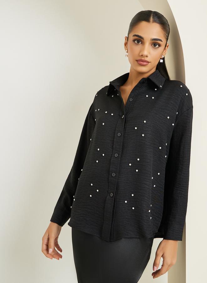 Styli Women Black Embellished Long Sleeve Shirt - Image 2
